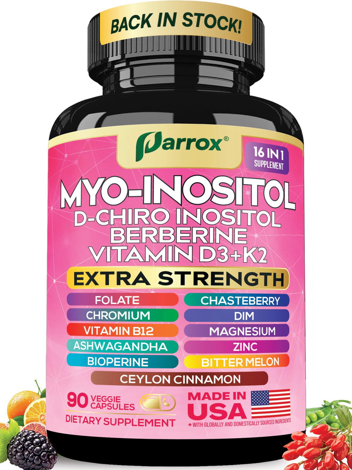 Parrox Myo Inositol bottle label highlights 16-in-1 wellness blend for balanced energy