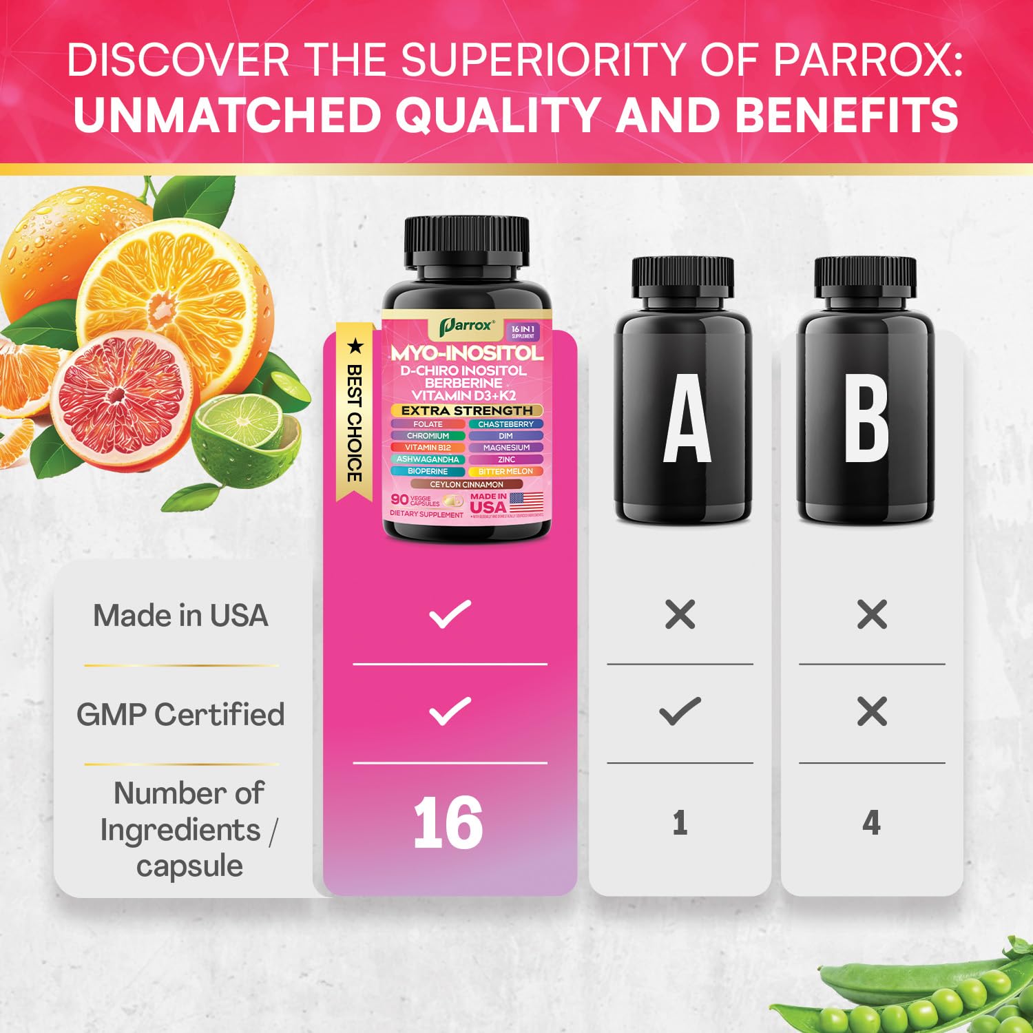 Parrox bottle shows Vitamin D3 and K2 labels for absorption-optimized nutrients