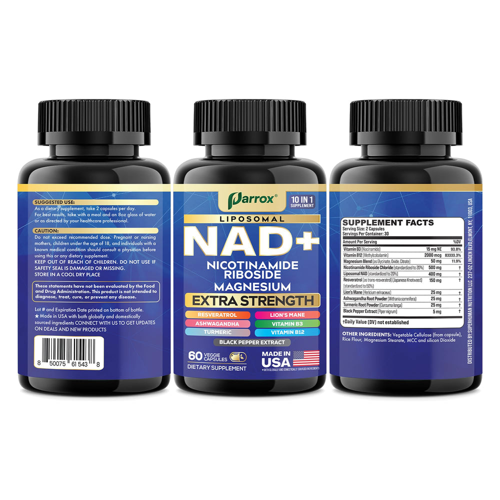 Parrox NAD+ botanicals featuring Lion’s Mane, Ashwagandha, Turmeric for balance