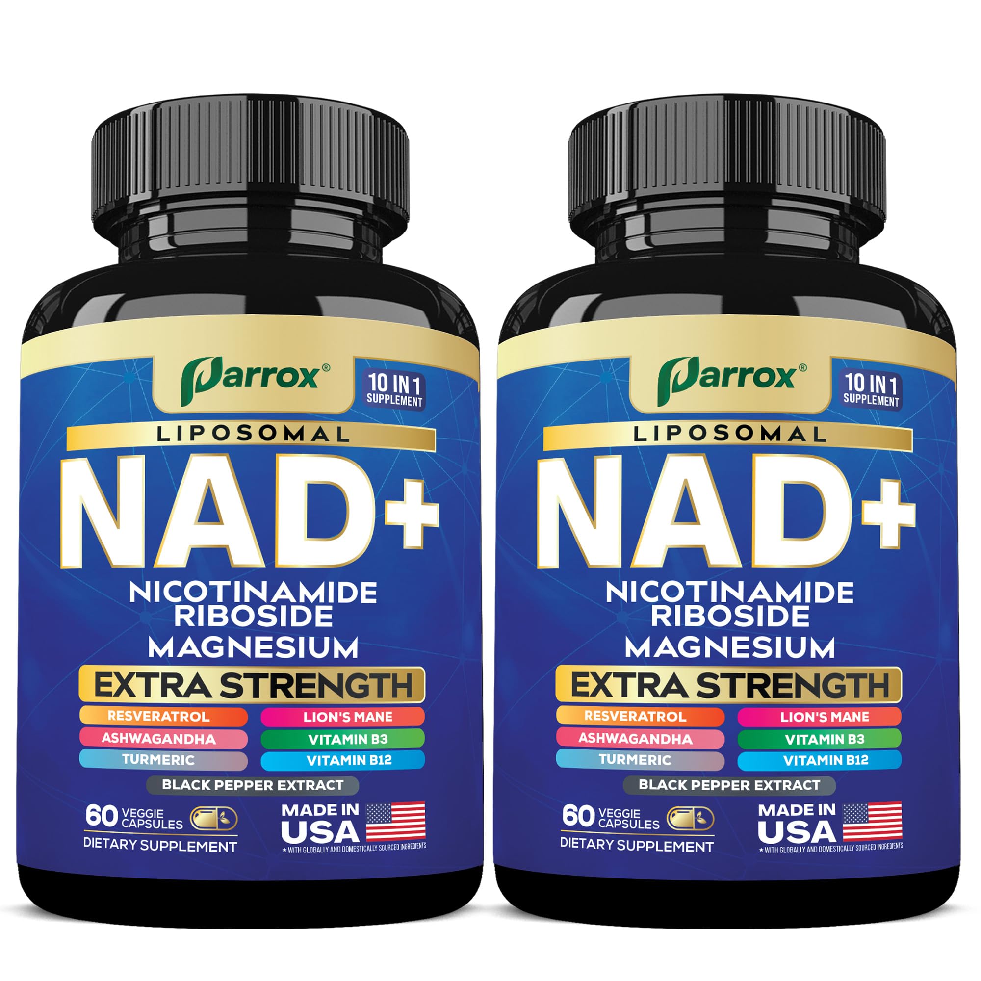 Parrox NAD+ bottle front view highlighting premium 10-in-1 formula for daily vitality