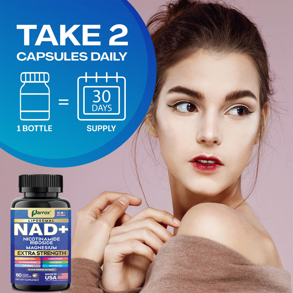 Parrox NAD+ vitamin B3 and B12 tablets resting on a clean surface