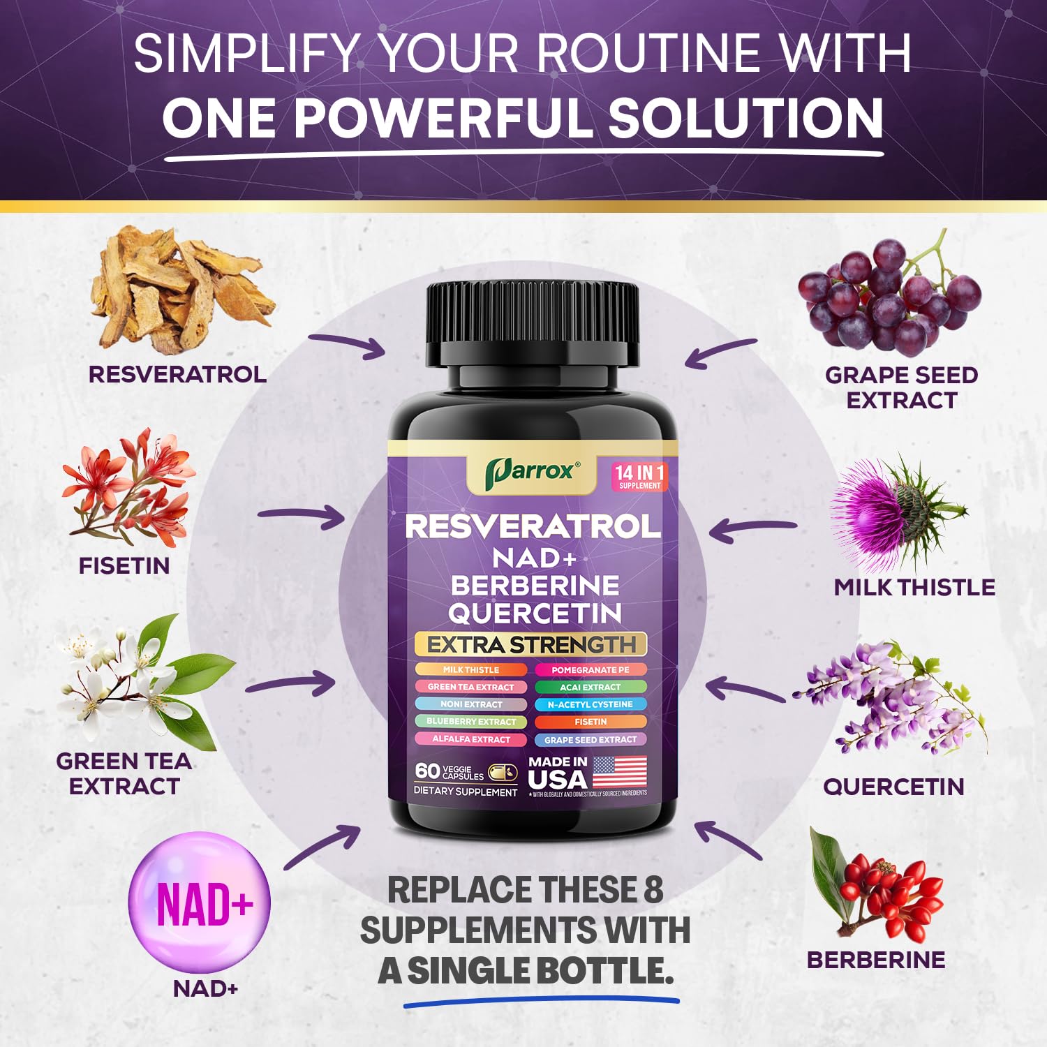 Parrox Resveratrol ingredients scatter, highlighting plant-based botanicals and vitality support.