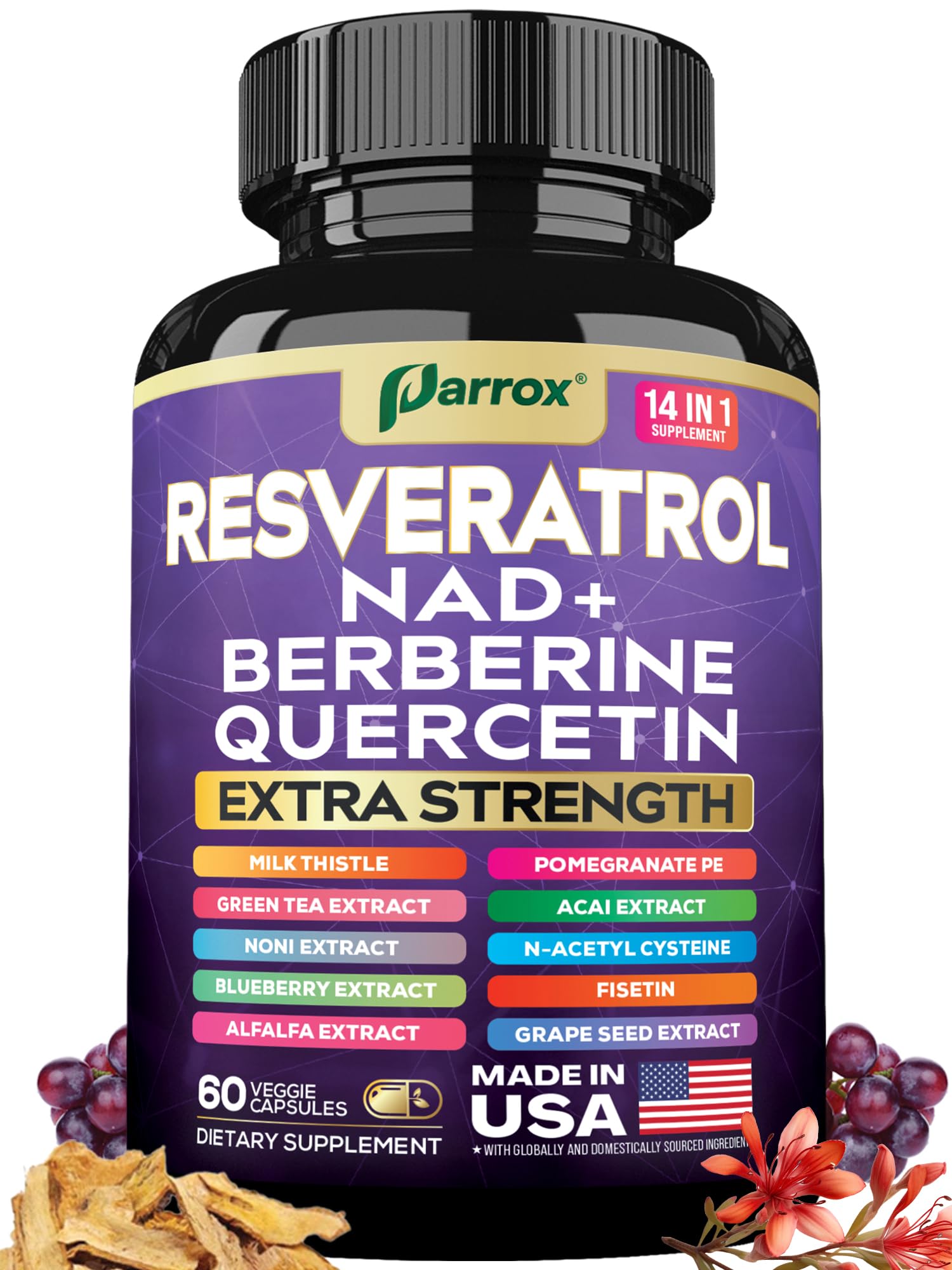 Parrox Resveratrol with Milk Thistle bottle showing plant-based antioxidant support.