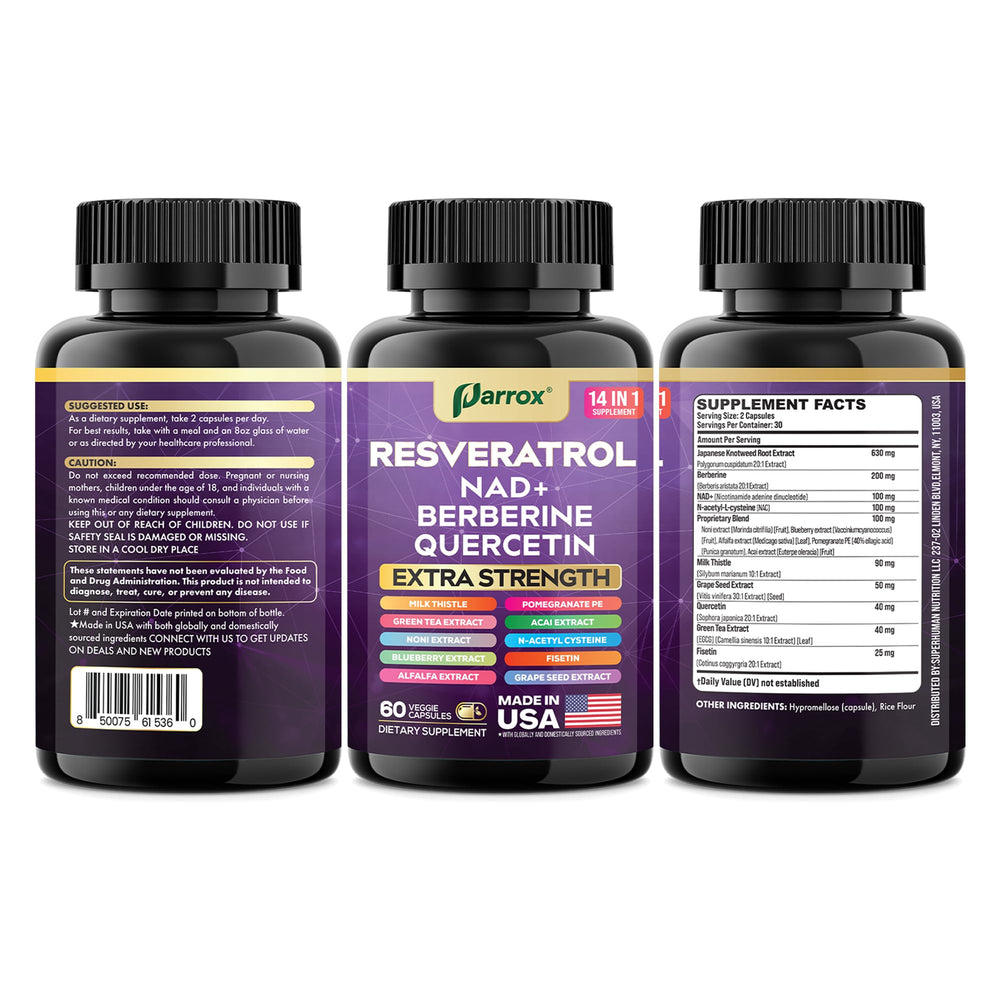 Parrox Resveratrol packaging display emphasizes clean label ingredients
