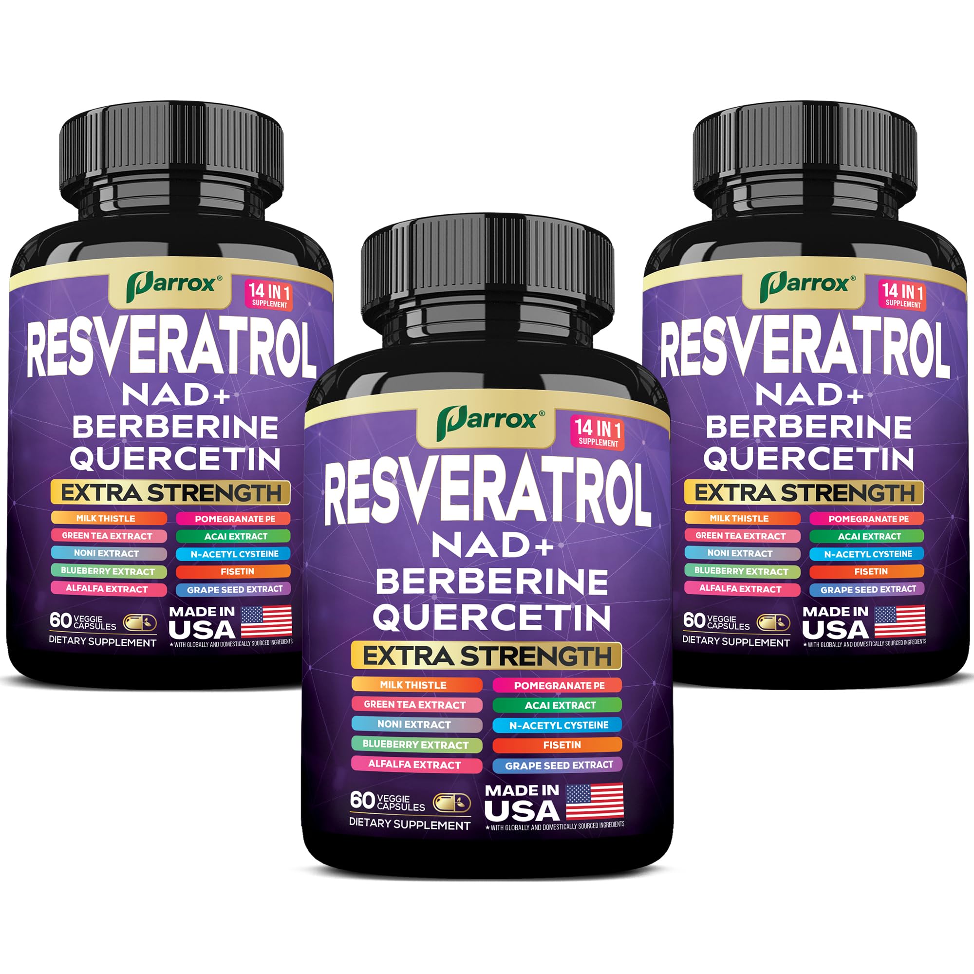 Parrox Resveratrol bottle showcases the supplement for daily vitality