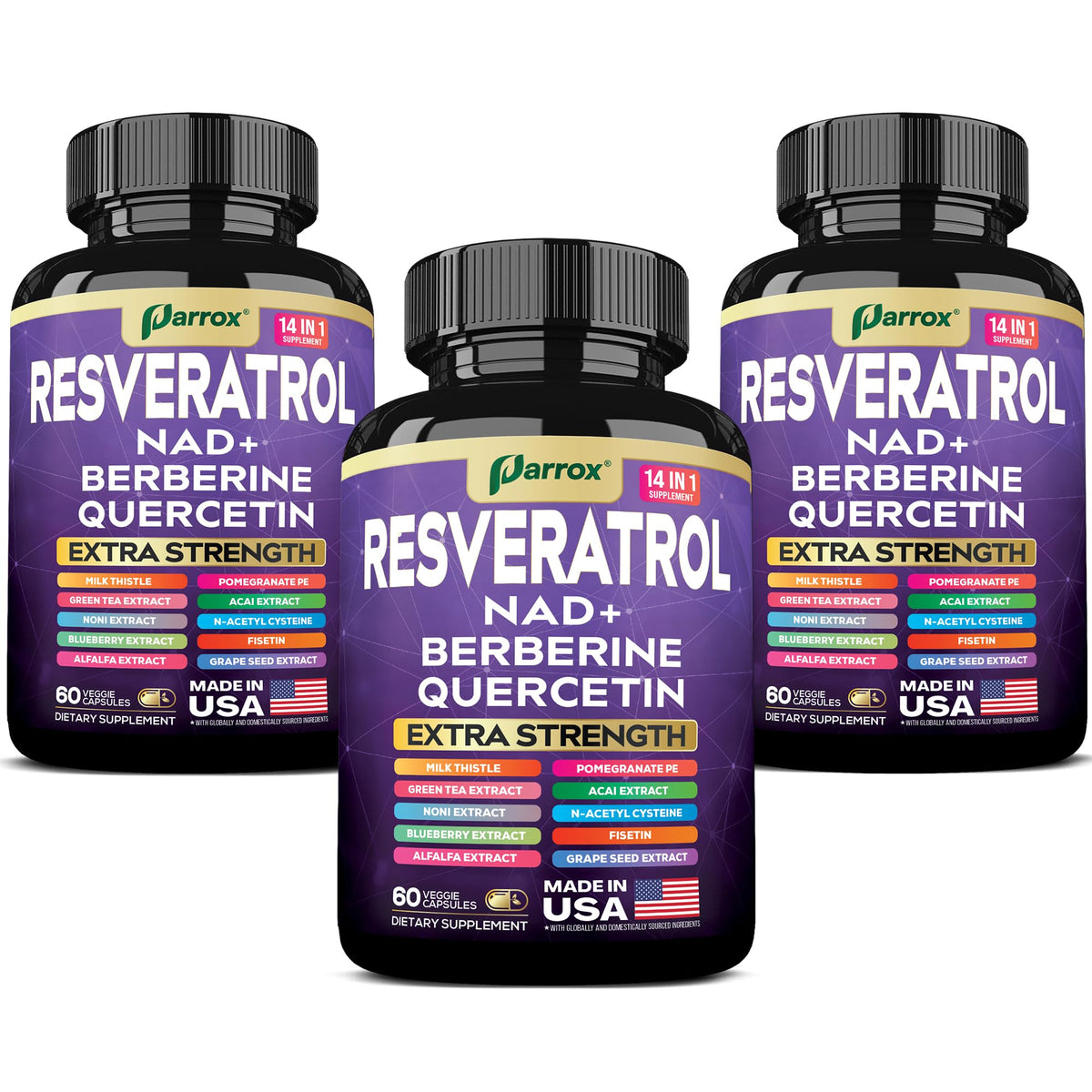 Parrox Resveratrol bottle showcases the supplement for daily vitality