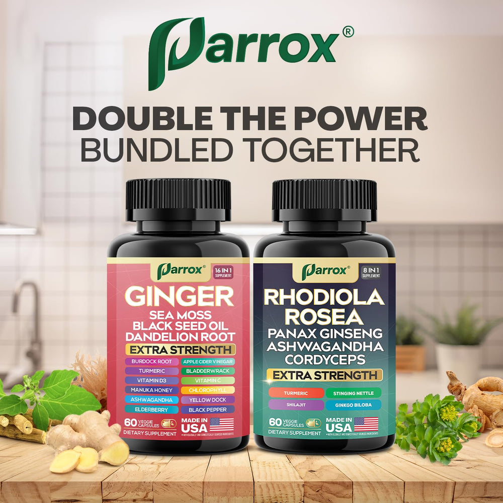 Parrox Rhodiola Blend capsules with ginseng and ashwagandha.