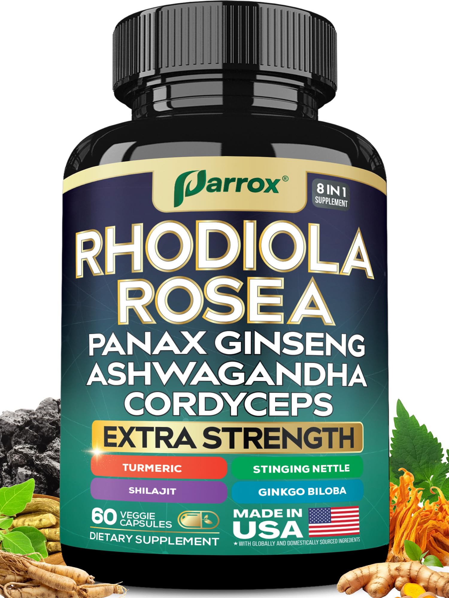 Parrox Rhodiola Rosea capsule bottle supports daily energy and focus.