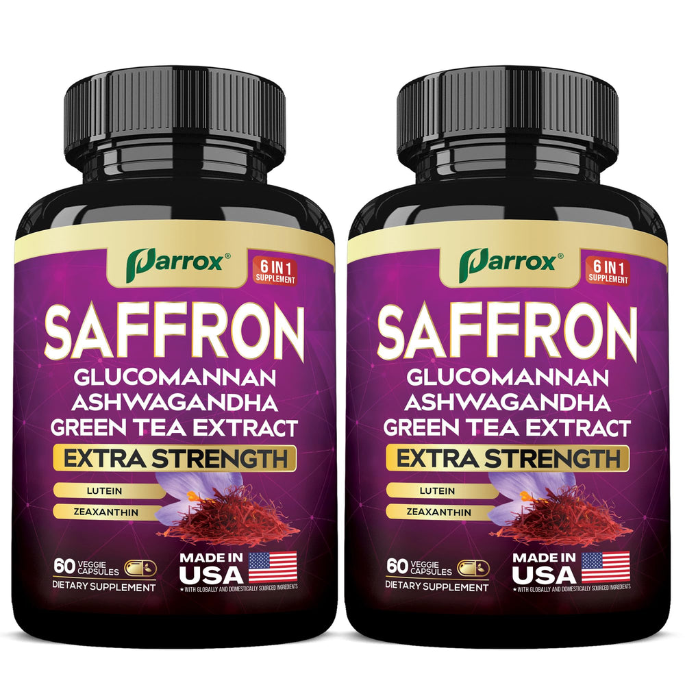 Parrox saffron supplement bottle front displaying branding for daily wellness.