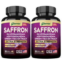 Parrox saffron supplement bottle front displaying branding for daily wellness.