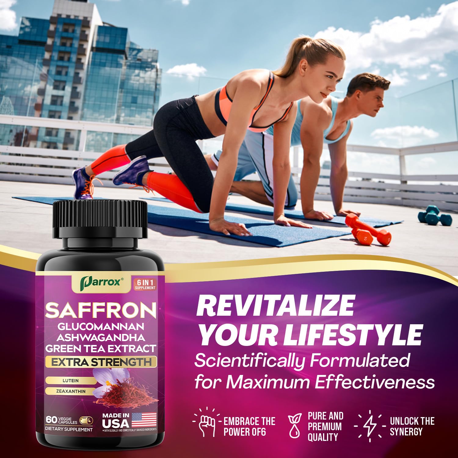 Parrox saffron ingredients chart highlights lutein and zeaxanthin.