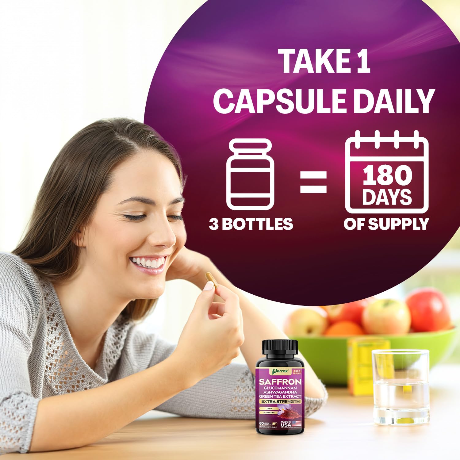 Parrox Saffron label front highlights ingredients for transparency.