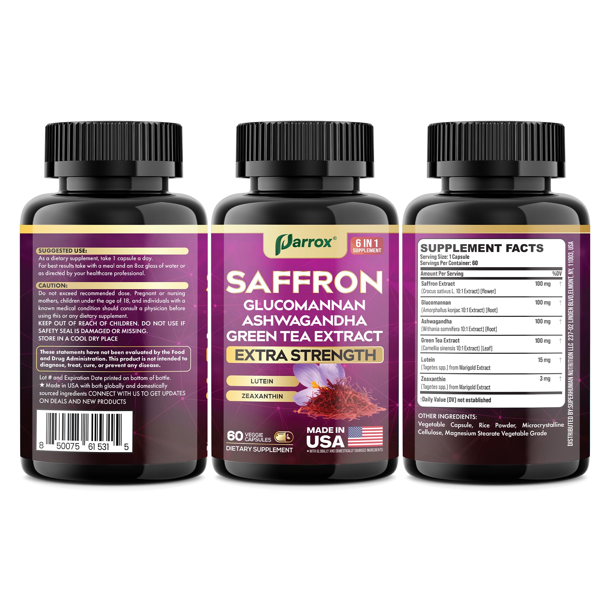 Parrox saffron supplement packaging details and sustainability icons.