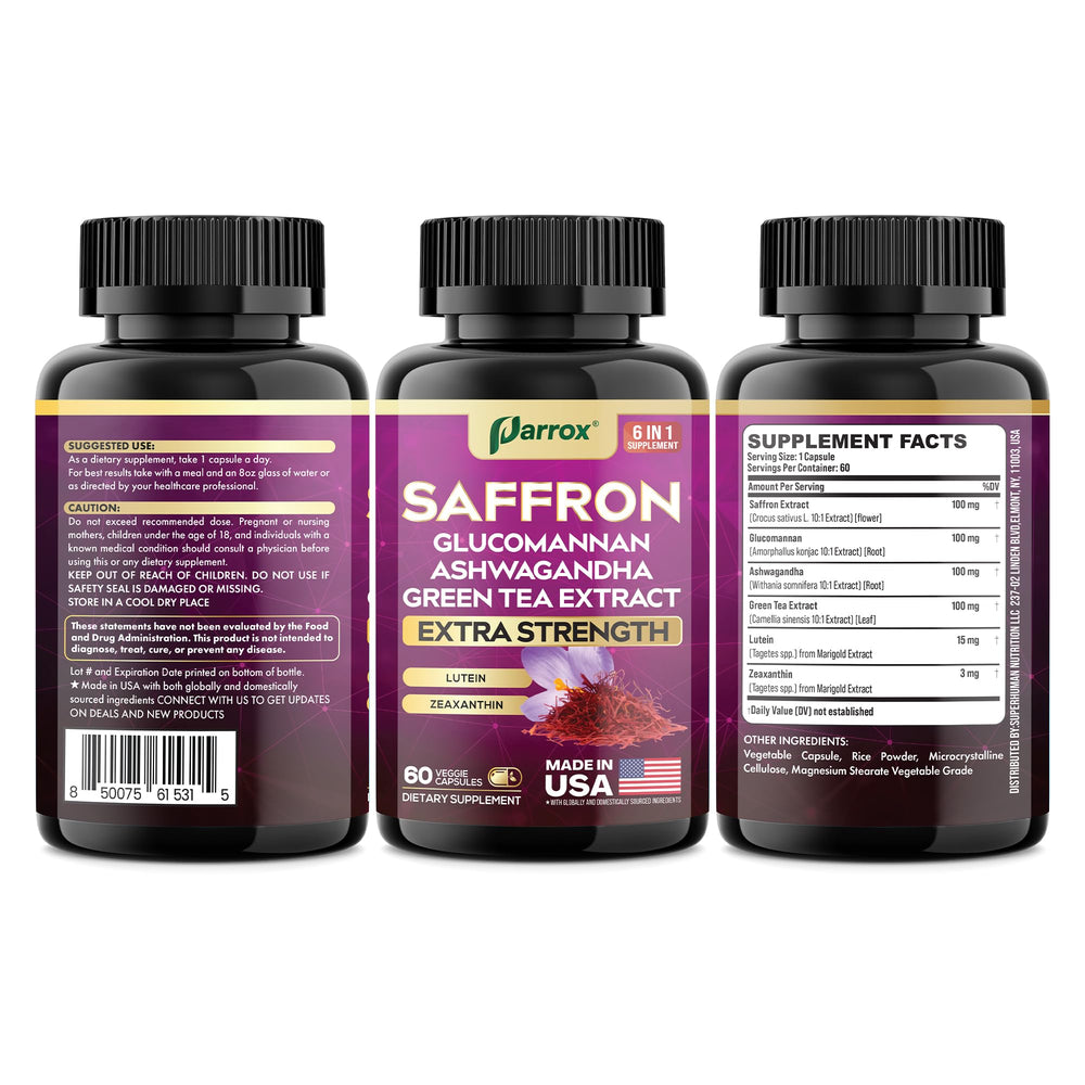 Parrox saffron supplement packaging details and sustainability icons.