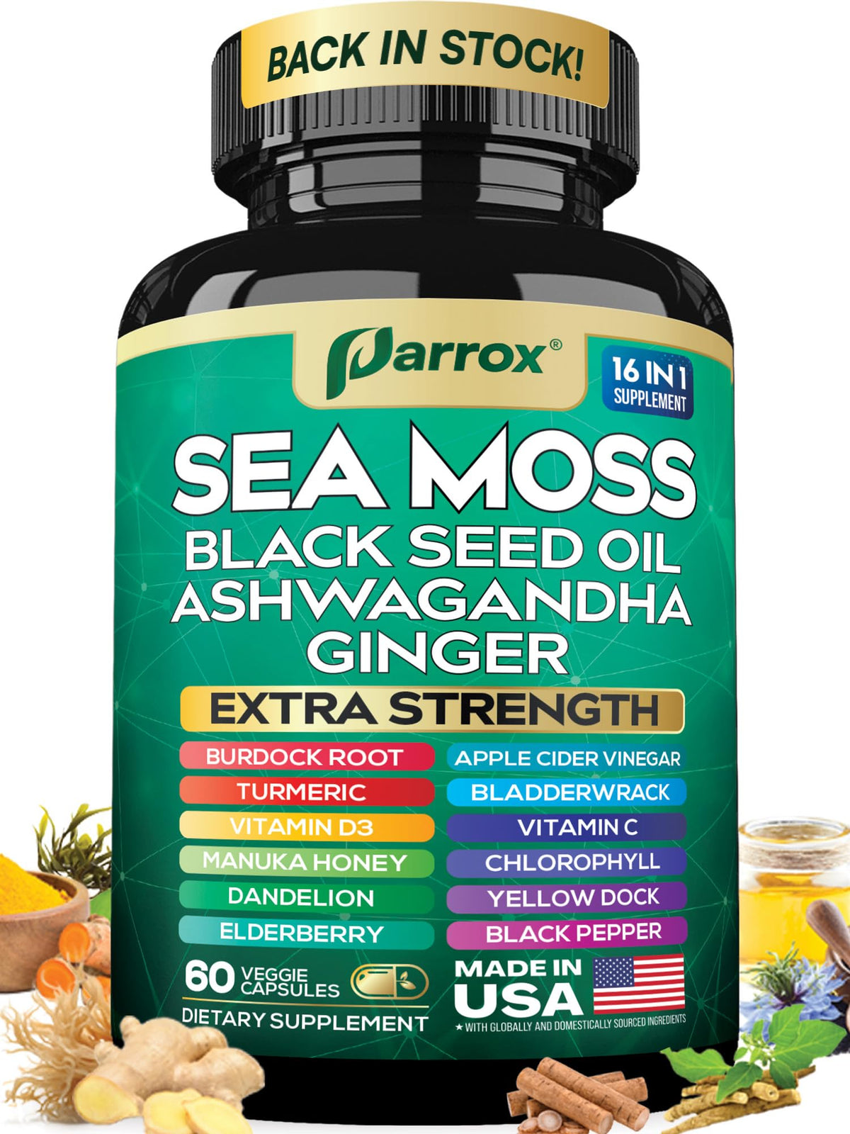 Parrox Sea Moss 16-in-1 bottle front for daily wellness support.