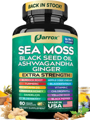Parrox Sea Moss 16-in-1 bottle front for daily wellness support.