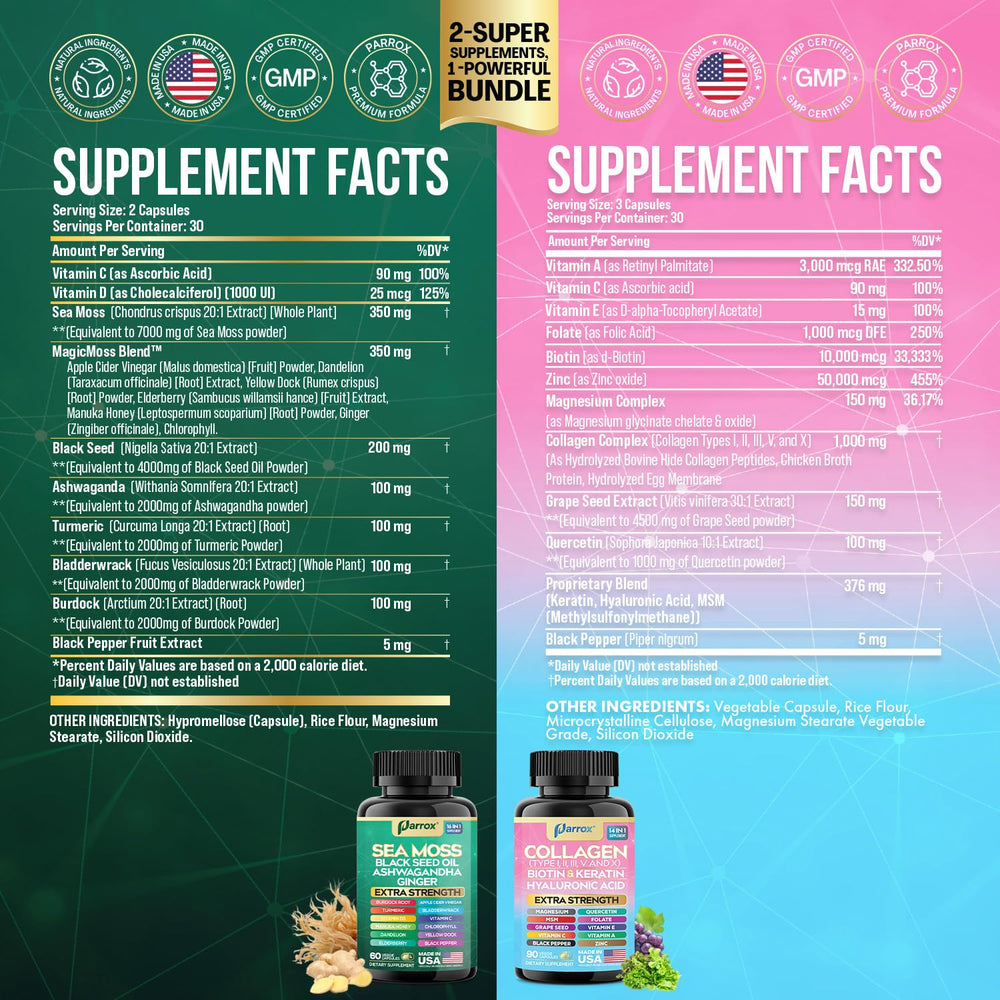 Parrox Sea Moss 16-in-1 capsules highlight botanicals for comprehensive vitality.