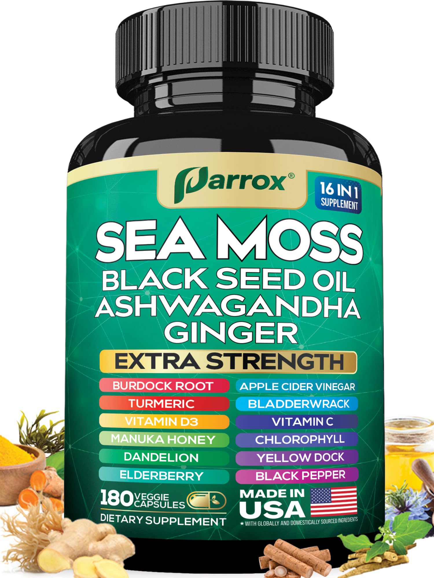 Parrox Sea Moss capsules bottle shown for daily wellness convenience.