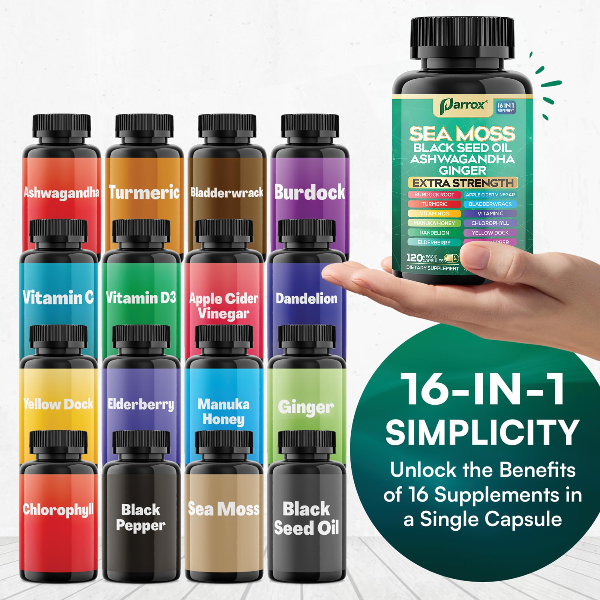 Illustration of Parrox 16-in-1 ingredients beside capsules.