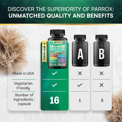 Parrox Sea Moss capsules label close-up showing clean-label ingredients.
