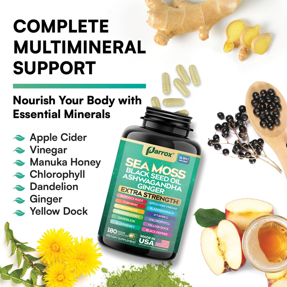 Parrox Sea Moss Manuka bottle highlighting premium ingredients and purity.