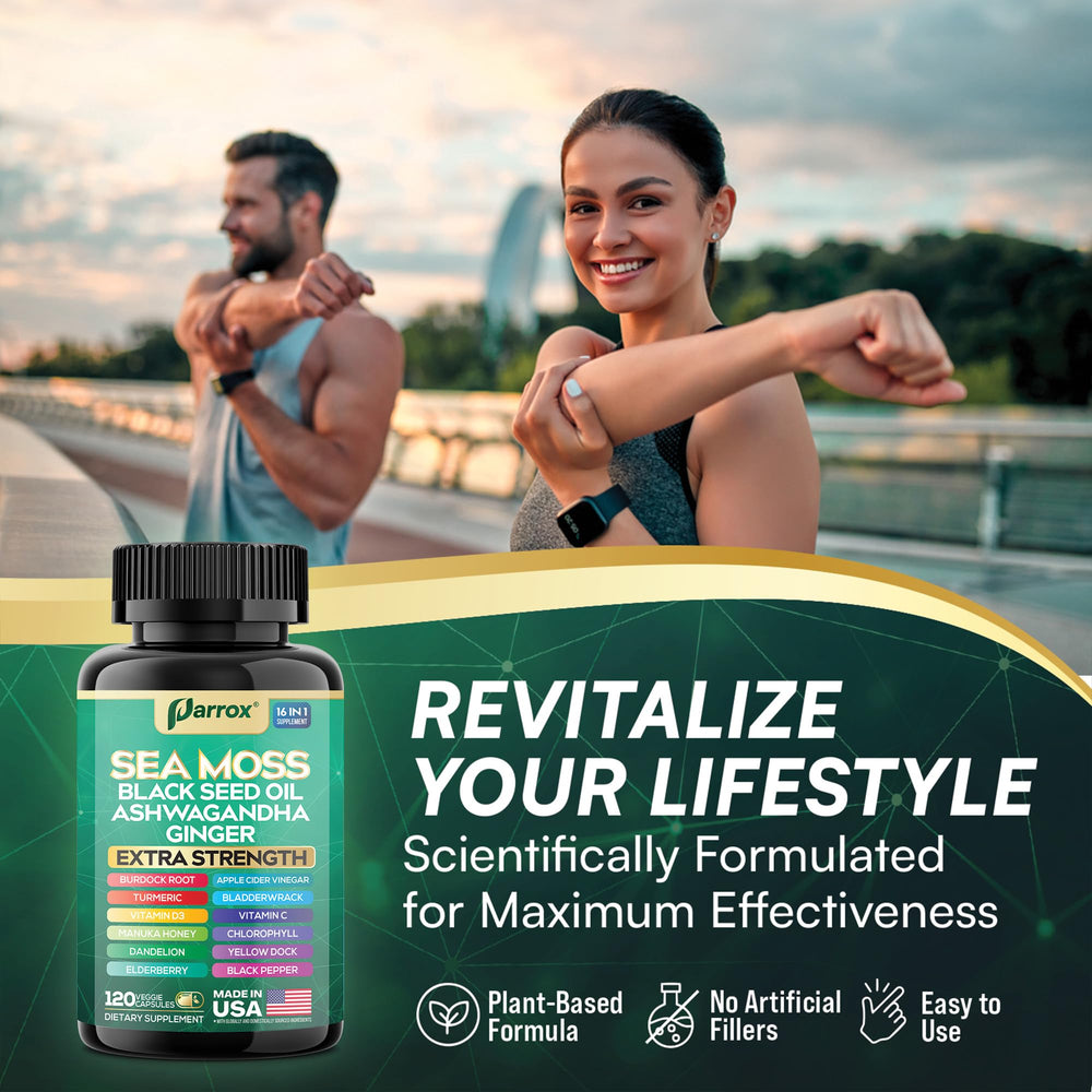 Parrox Sea Moss Capsules packaging and bottle on surface.