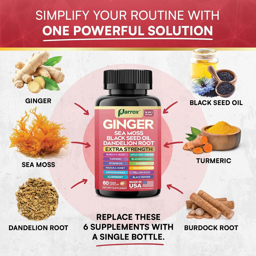 Parrox Ginger 16-in-1 sea moss inclusion for mineral support.