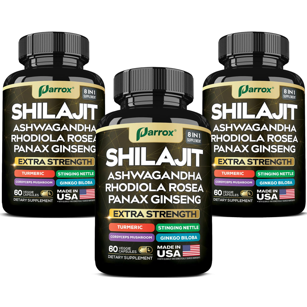 Parrox Shilajit 8-in-1 bottle overview for daily wellness