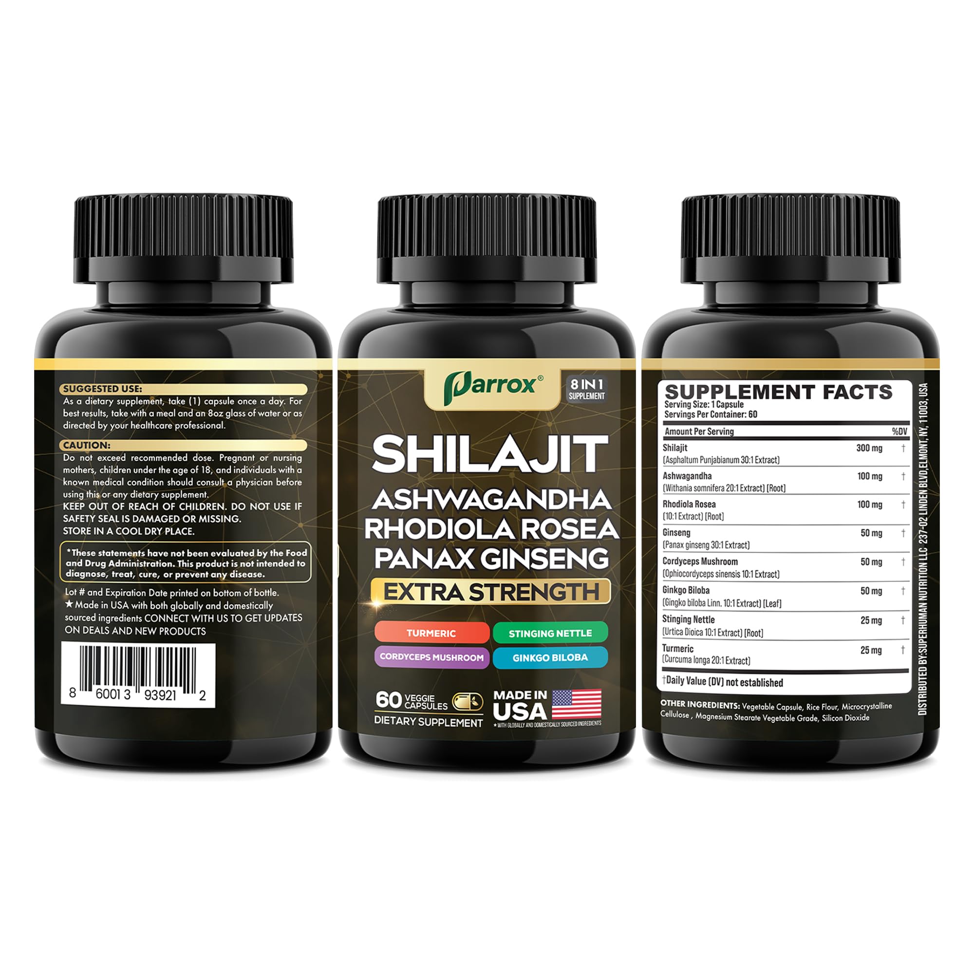 Parrox Shilajit 8in1 packaging and 60 capsules indicating ease of daily routine.