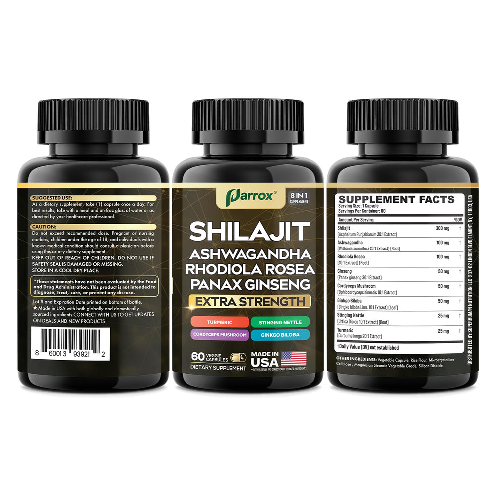 Parrox Shilajit 8in1 packaging and 60 capsules indicating ease of daily routine.