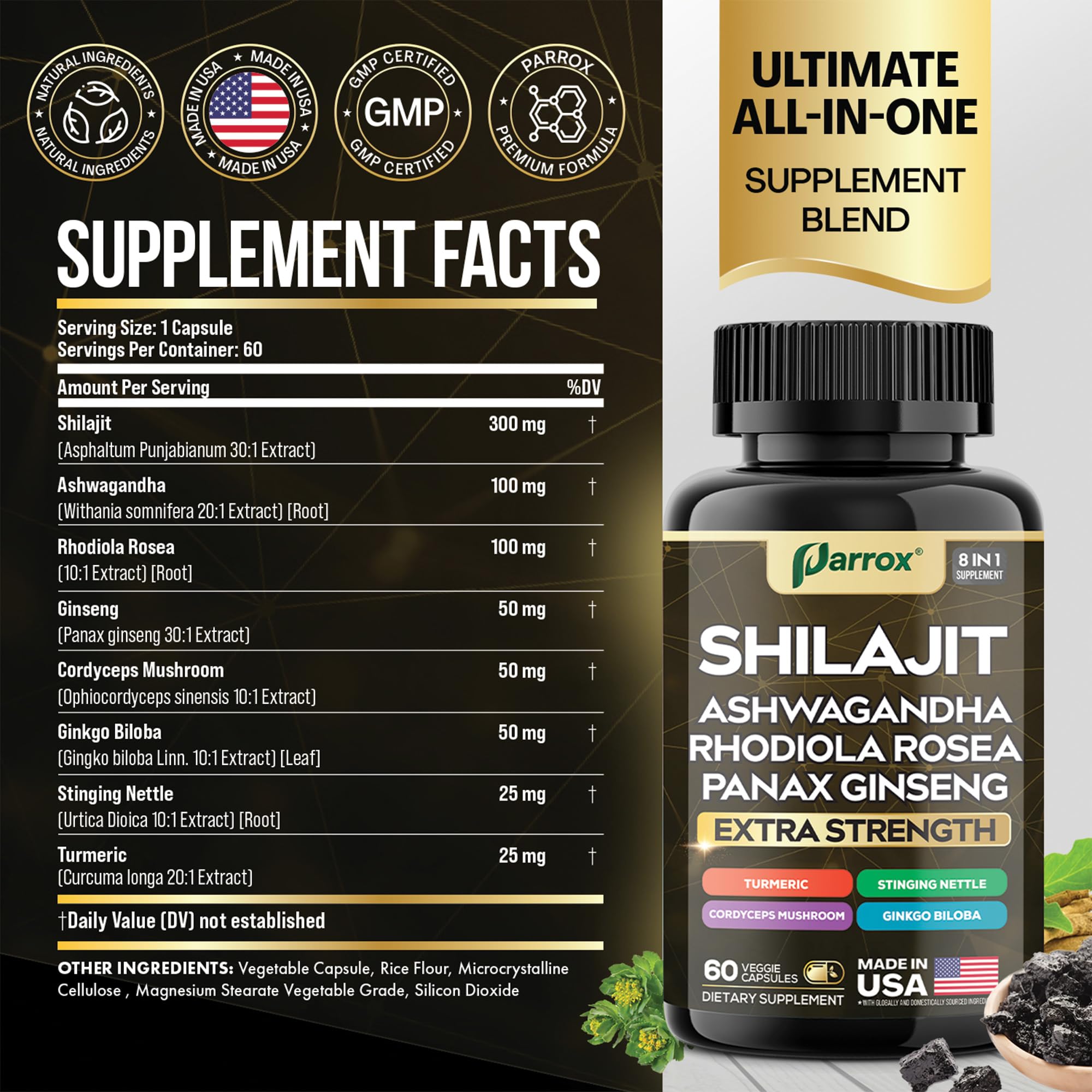 Parrox Shilajit capsules closeup highlighting easy daily format