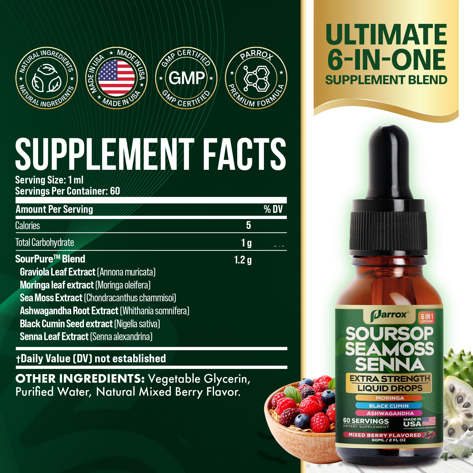 Parrox Soursop Seamoss Senna liquid drops with precise dropper for accurate servings.