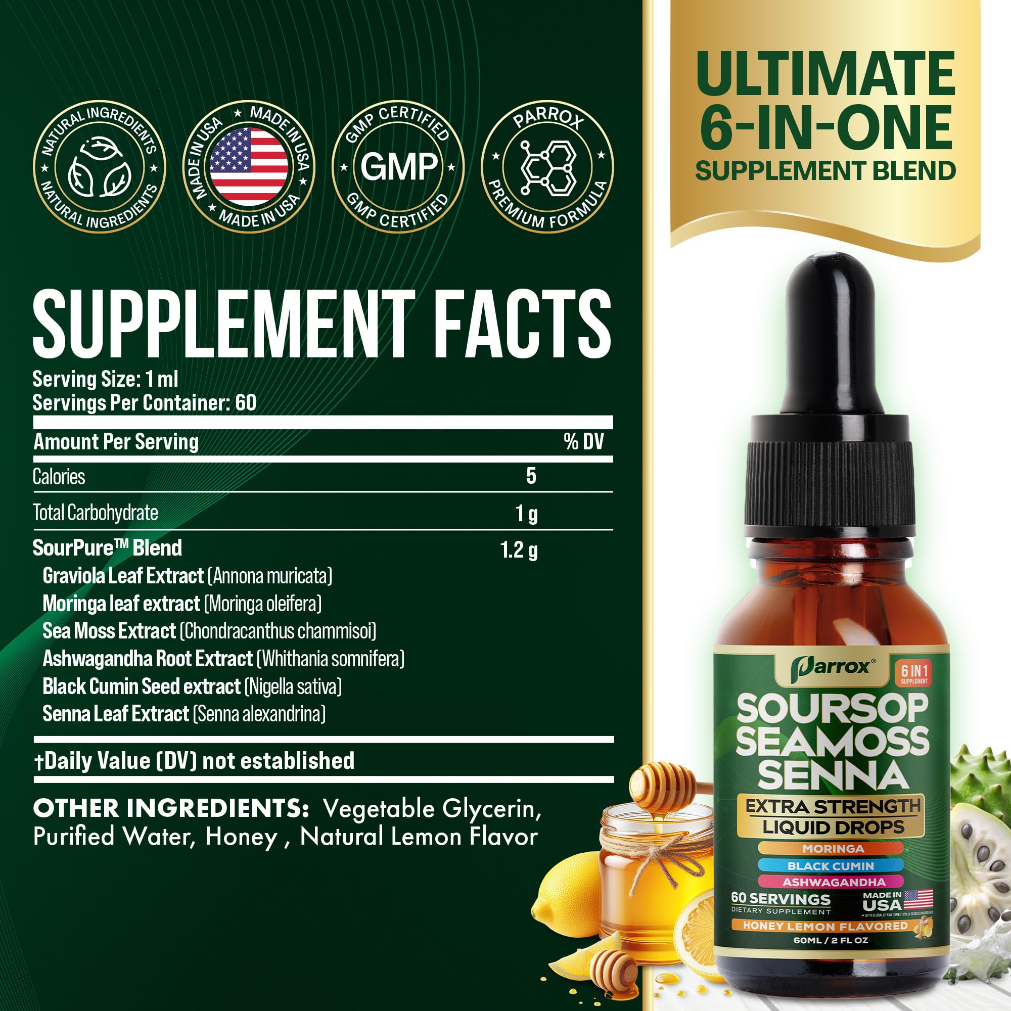 Parrox Soursop Seamoss Senna liquid dropper dispensing with precise 1 ml servings.