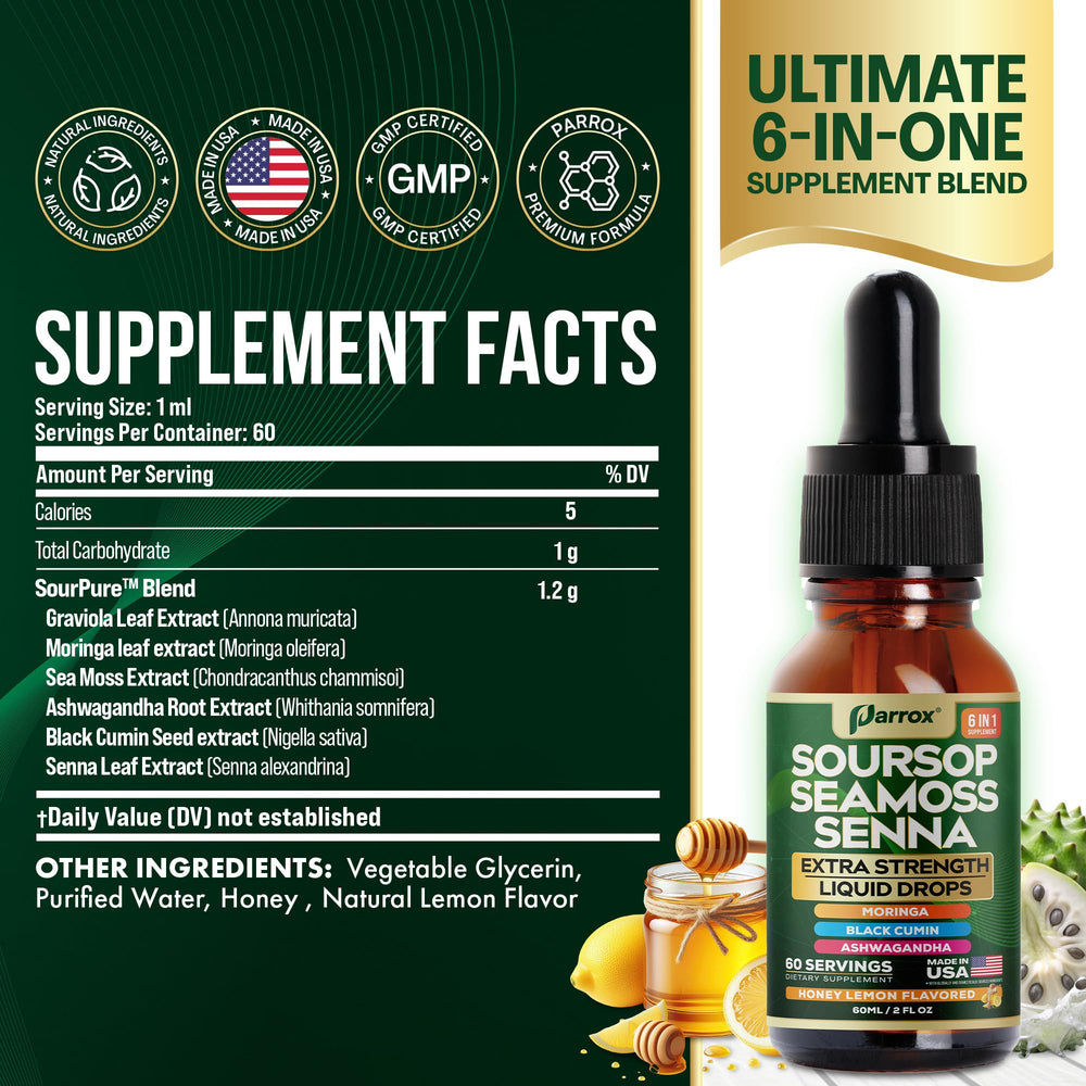 Parrox Soursop Seamoss Senna liquid dropper dispensing with precise 1 ml servings.