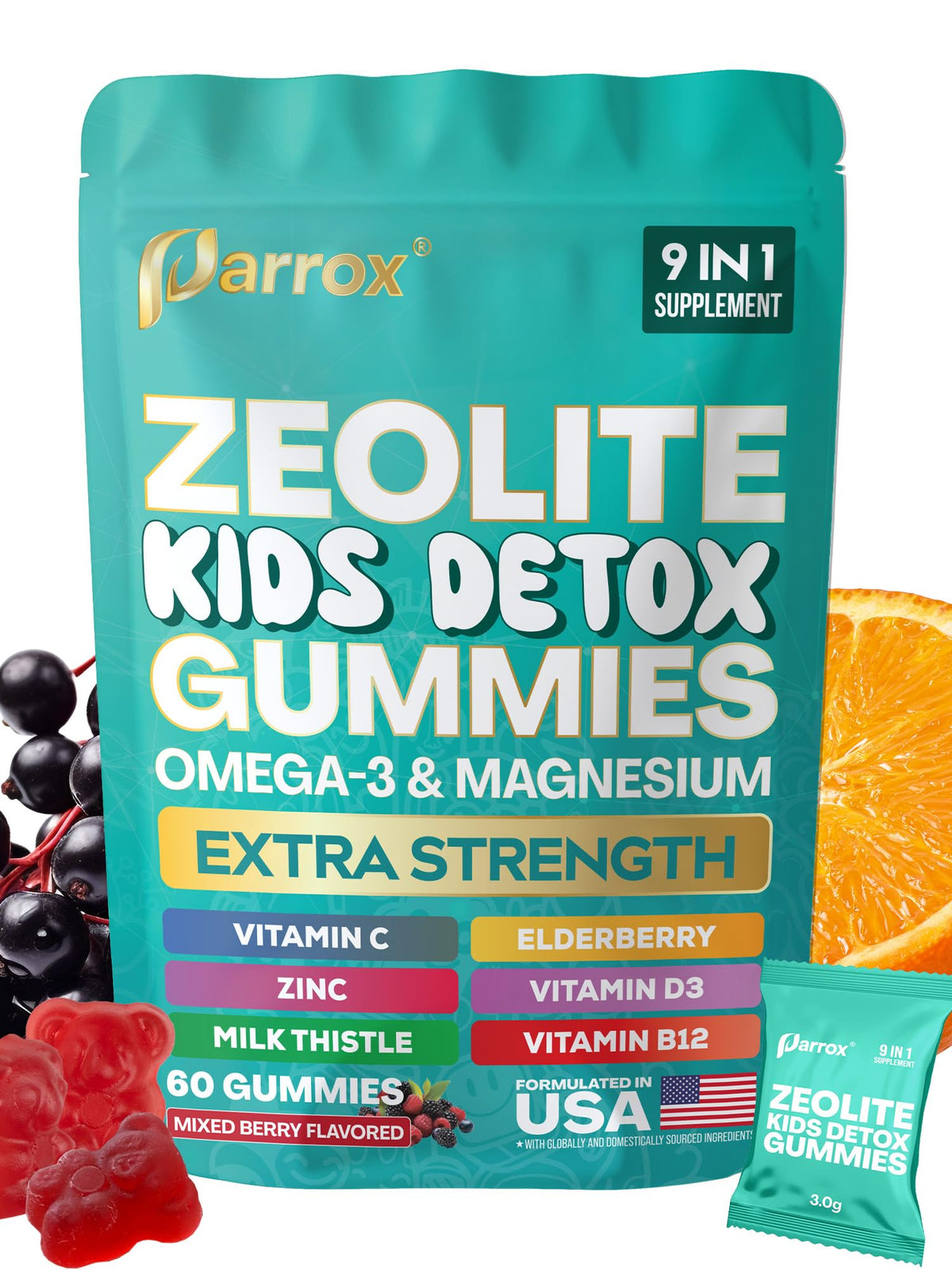 Parrox Zeolite Kids Gummies bottle showcasing the 9-in-1 daily supplement for families