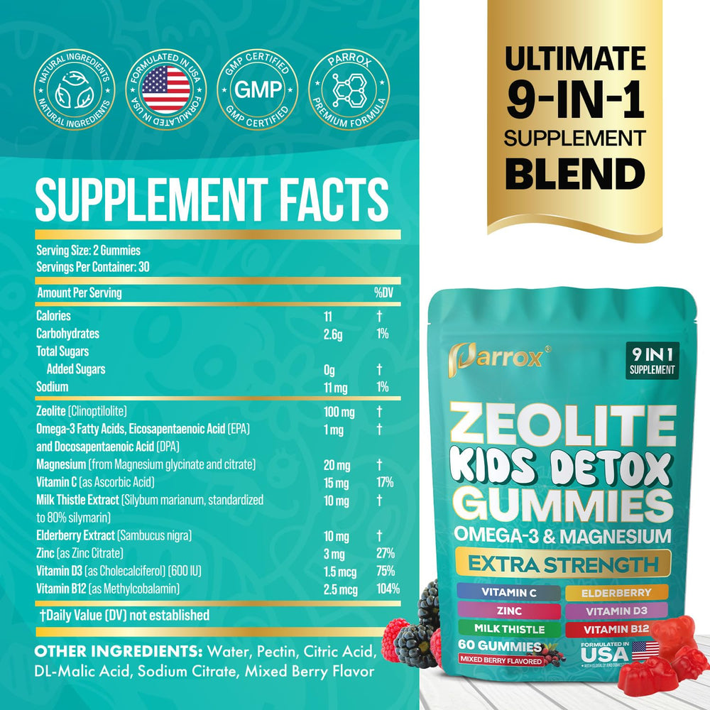 Parrox Zeolite Kids Gummies ingredients panel highlights omega-3 and minerals for balanced meals