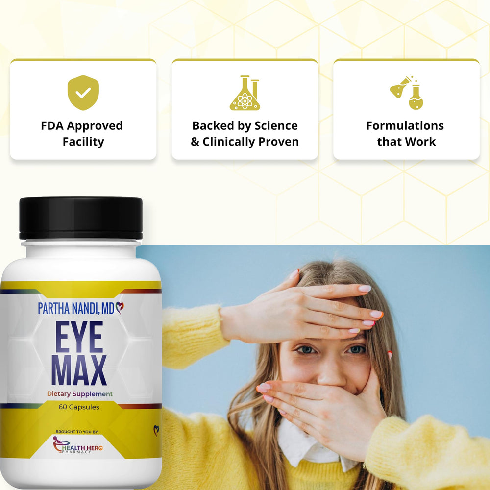 Partha Nandi Eye Max Vision blue light graphic suggests protection during screen time.