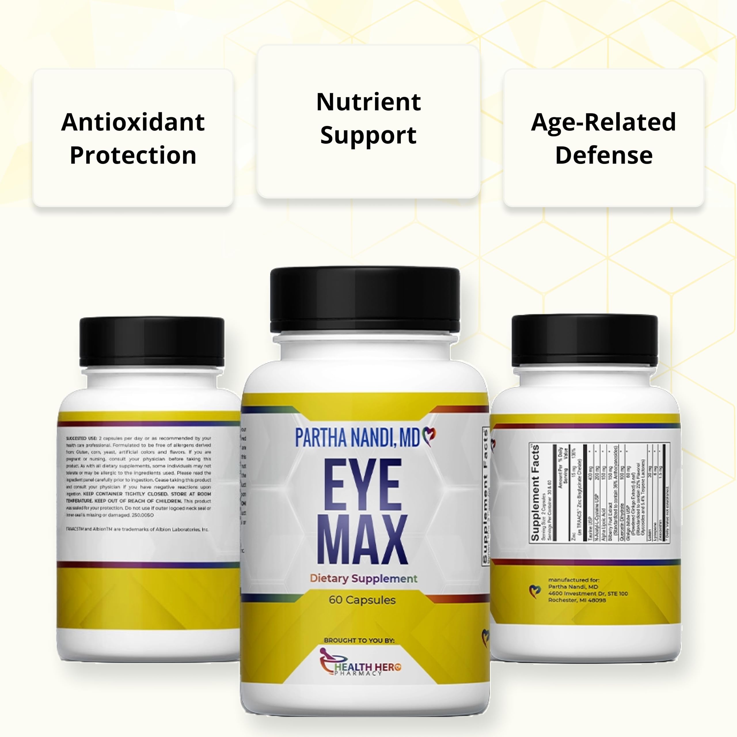 Partha Nandi Eye Max Vision macula retina illustration indicates support for retinal health.