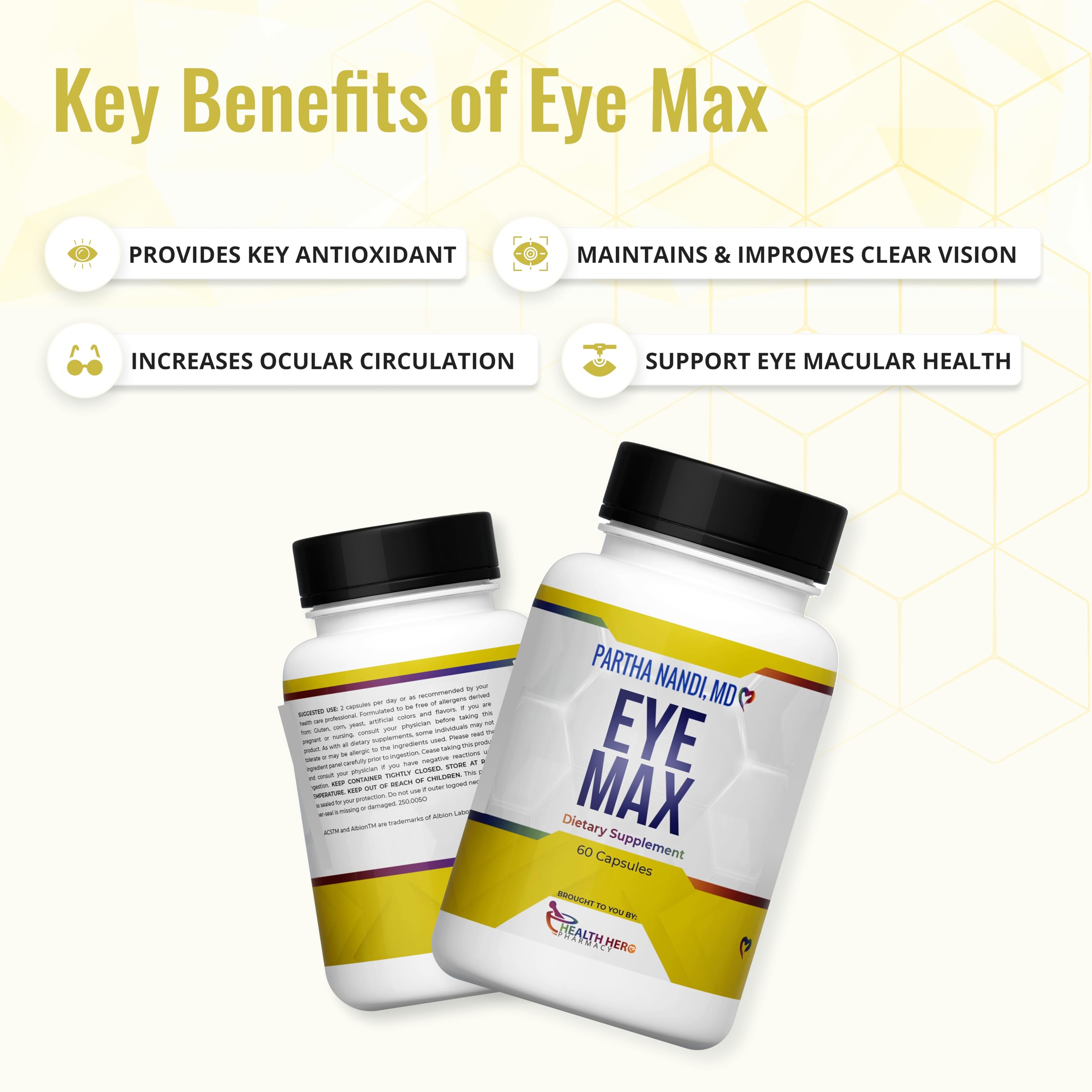 Partha Nandi Eye Max Vision vegan ingredients graphic emphasizes non-GMO and clean-label nutrition.