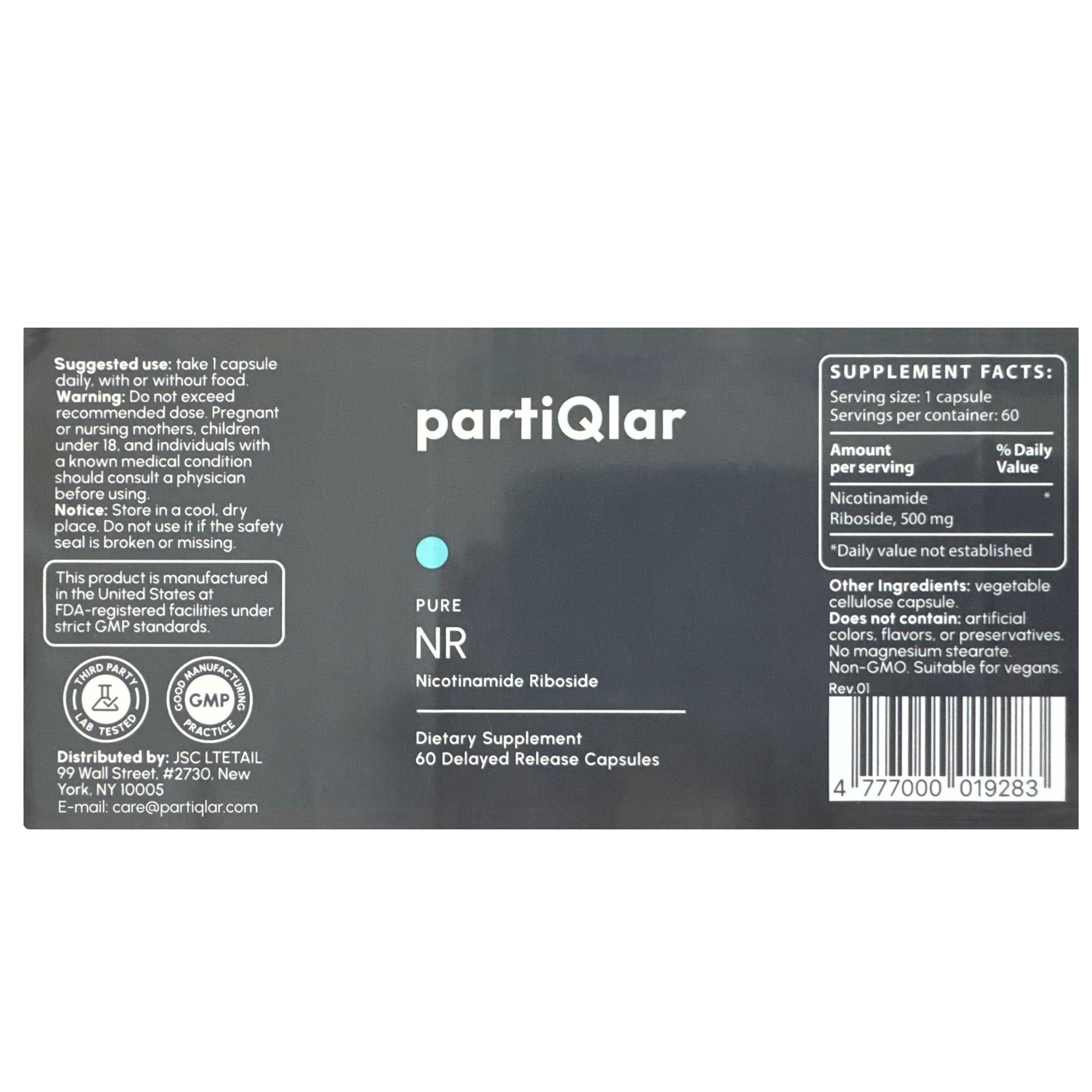 partiQlar nr capsules highlight high-potency nr for daily energy support.