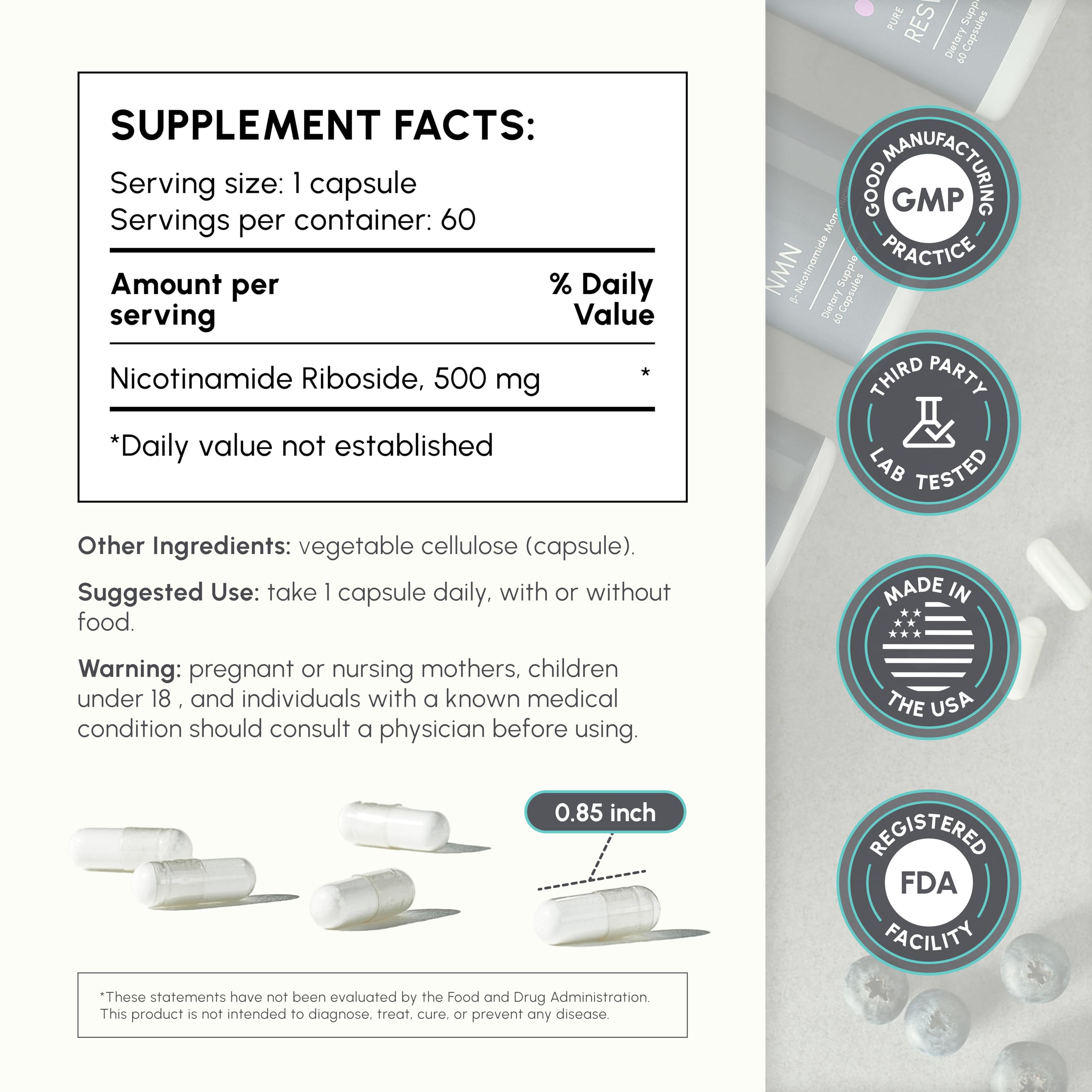 partiQlar nicotinamide riboside bottle side view emphasizes enteric capsules for absorption.