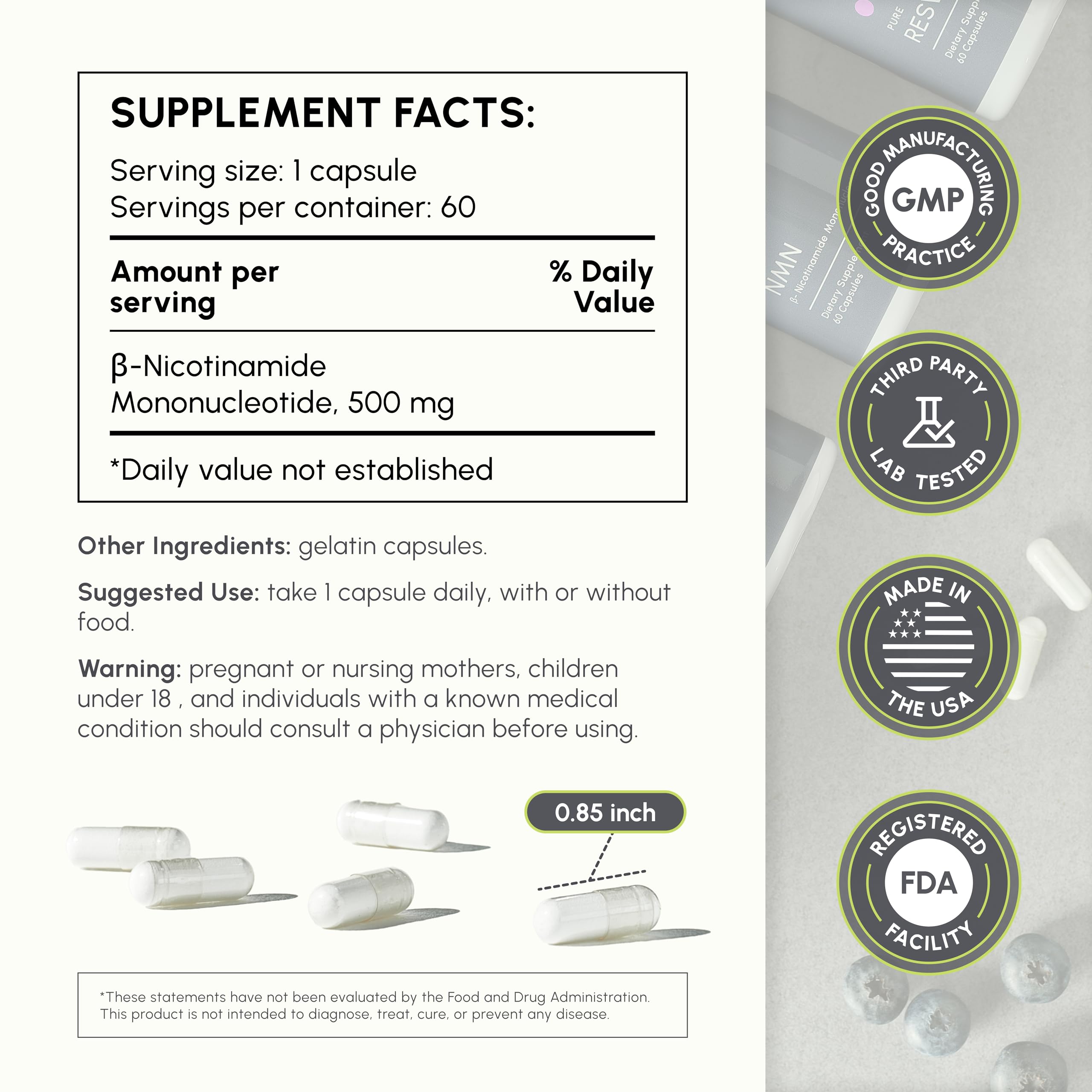 PartiQlar NMN capsules close-up showing high purity