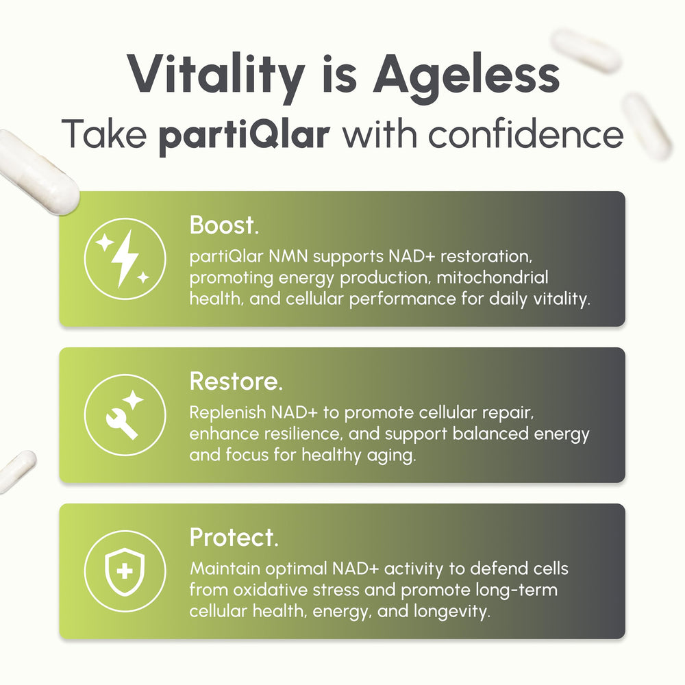 PartiQlar NMN purity and quality control label highlighting tested standards