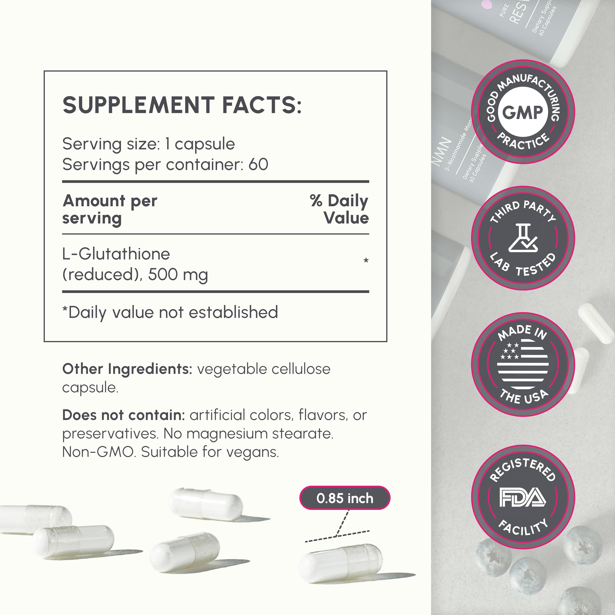 partiQlar Pure L-Glutathione label closeup highlights reduced glutathione formulation.