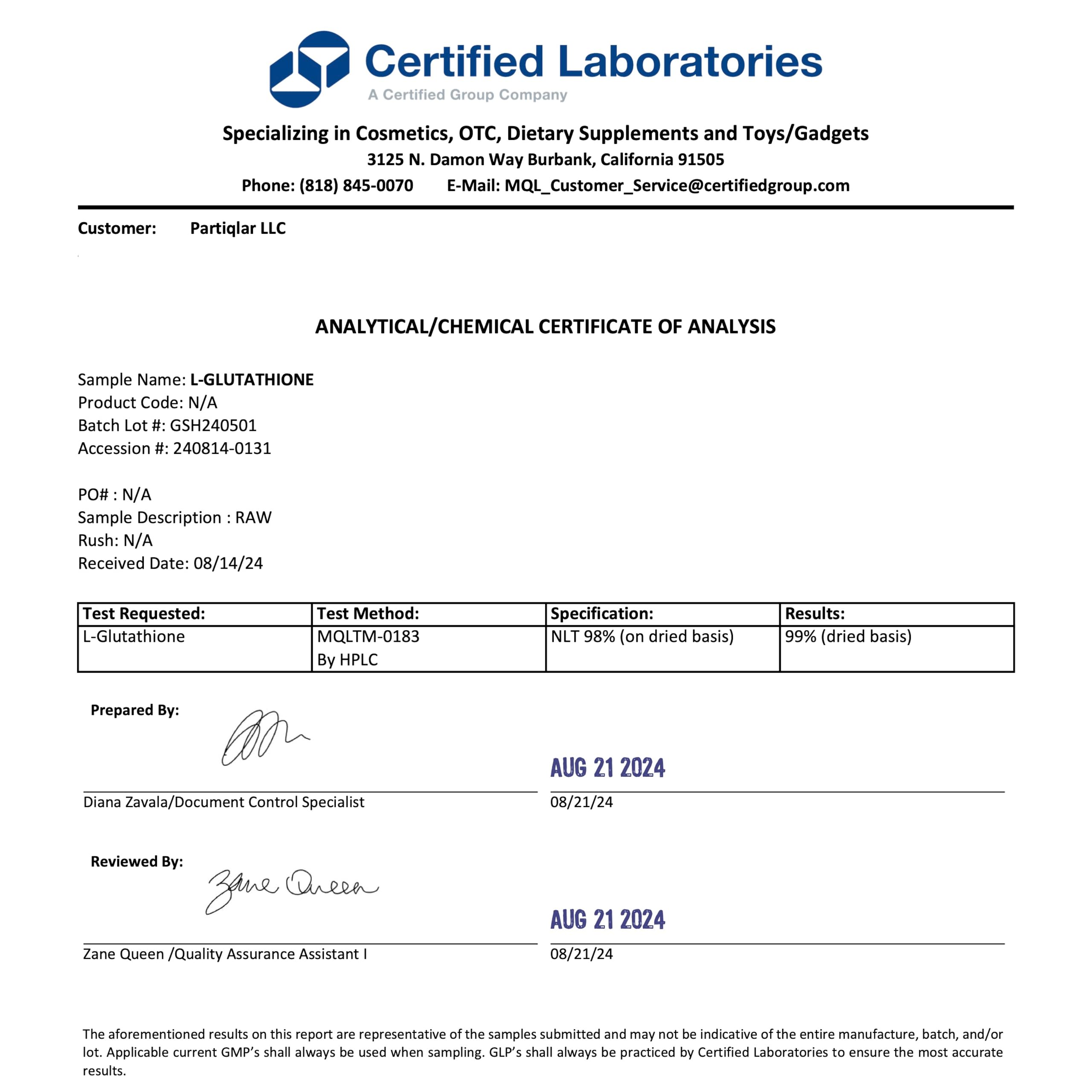 partiQlar Pure L-Glutathione USA-made badge signals quality manufacturing.