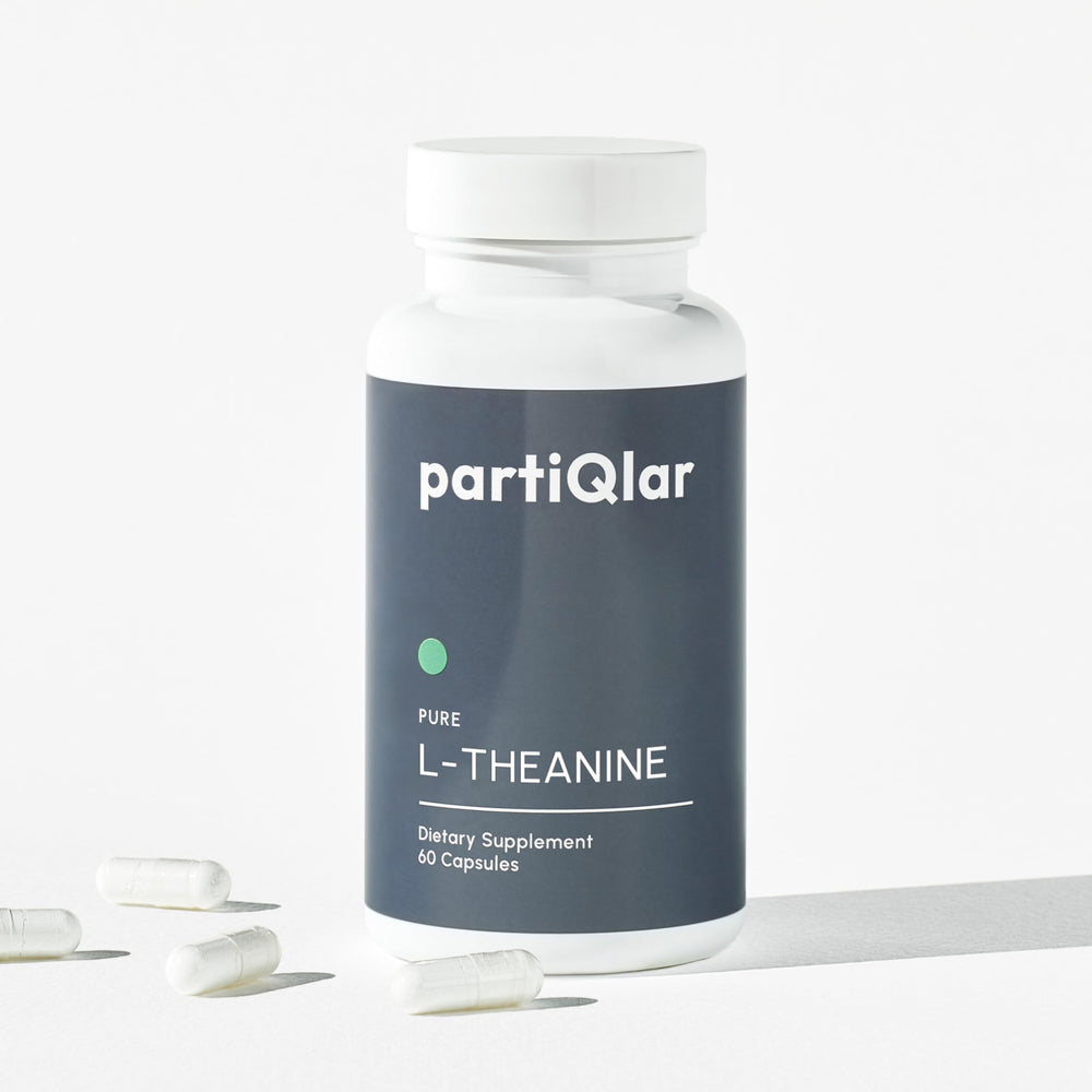 partiQlar Pure L-Theanine bottle supports daily calm and focused moments.