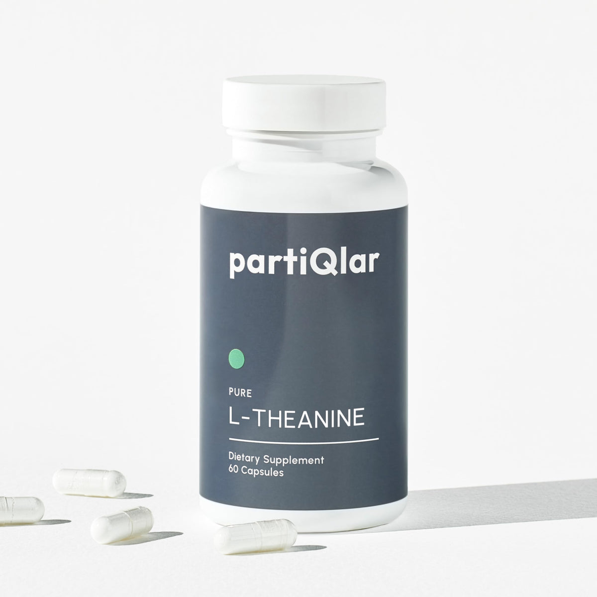 partiQlar Pure L-Theanine bottle supports daily calm and focused moments.