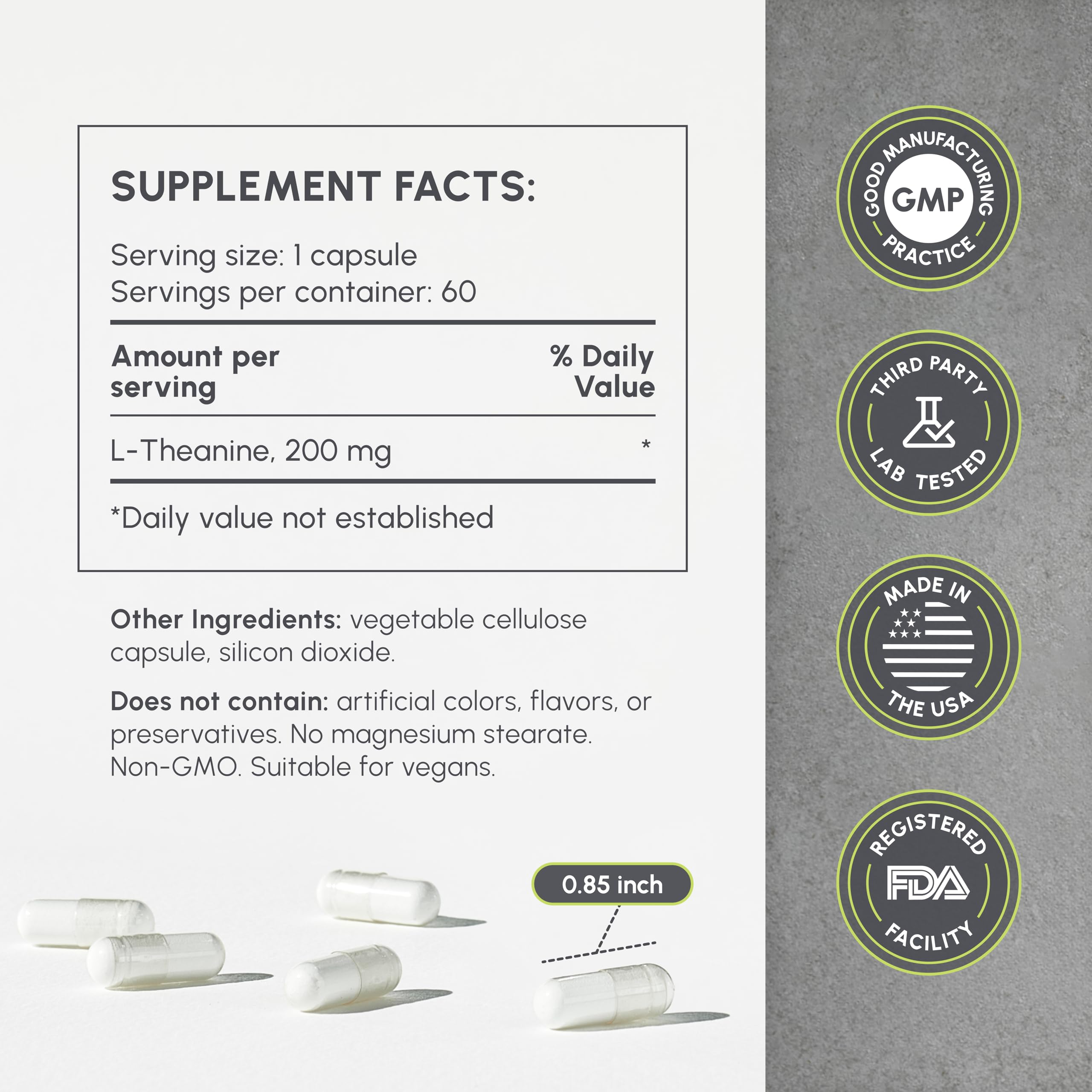 partiQlar Pure L-Theanine capsules closeup highlights 200 mg for calm focus.