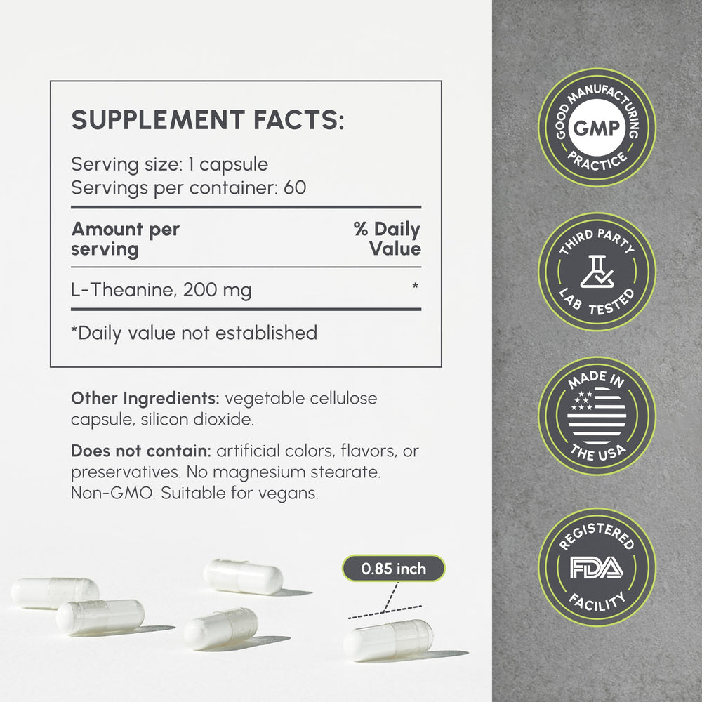 partiQlar Pure L-Theanine capsules closeup highlights 200 mg for calm focus.