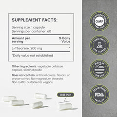 partiQlar Pure L-Theanine capsules closeup highlights 200 mg for calm focus.